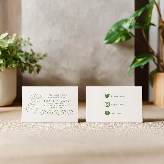 Home plant shop, your logo modern loyalty card. (Monstera plant, green and white loyalty stamp card with your logo and social media details)