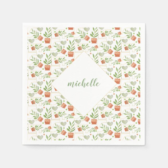 Home Plants In Ceramic Pots Watercolor Pattern Napkins (Front)