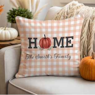 Home Pumpkin Pillow Gingham Check Cozy Fall Autumn