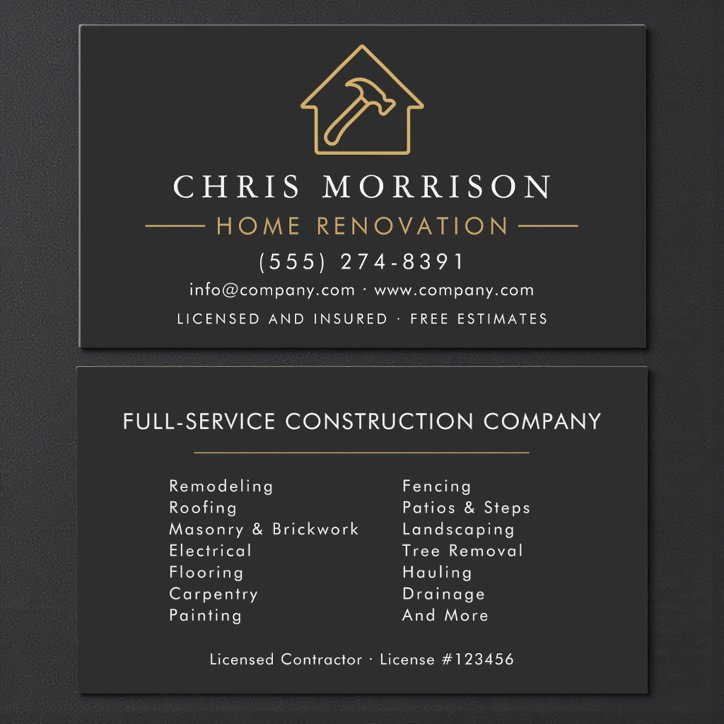 Home Renovation Contractor Builder Black Gold Business Card