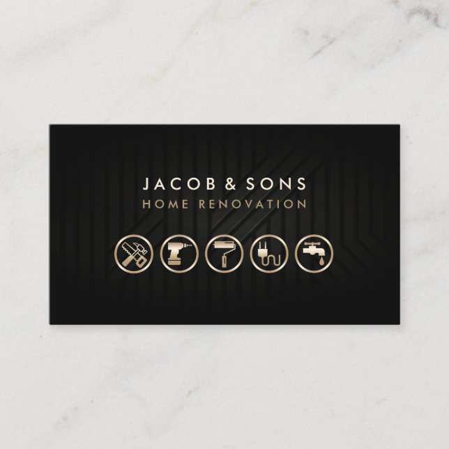 Home Renovation Gold Icons Black Metal Texture Business Card (Front)