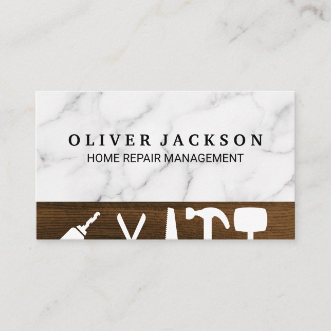 Home Repair Builder Tools | Marble Background Business Card (Front)