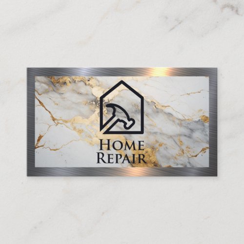 Home Repair Hammer Logo  Marble Metal Border Business Card