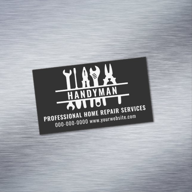 Home Repair Services Black & White Handyman Business Card Magnet (In Situ)