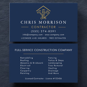 Home Repairs Construction Navy Blue Gold  Business Card