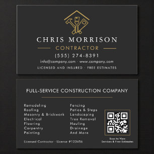 Home Repairs Contractor Black Gold QR Code Business Card