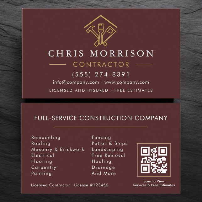Home Repairs Contractor Burgundy Gold QR Code Business Card (Creator Uploaded)