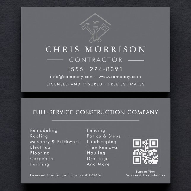 Home Repairs Contractor Gray Silver QR Code Business Card (Creator Uploaded)