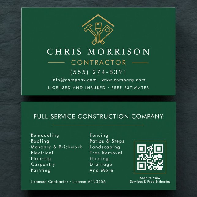 Home Repairs Contractor Green Gold QR Code Business Card (Creator Uploaded)