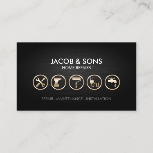 Home Repairs Gold Icons Metal Grunge Business Card