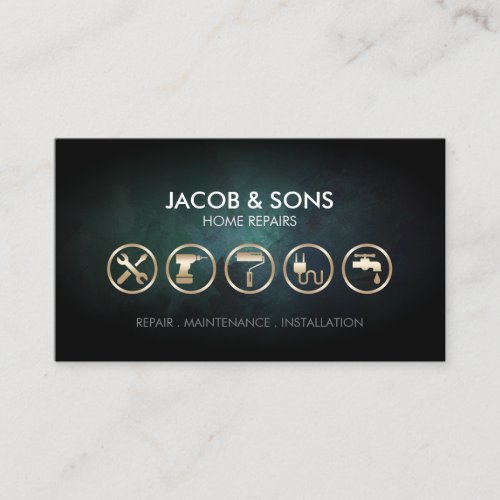 Home Repairs Gold Icons Turquoise Grunge Business Card