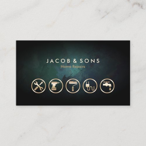 Home Repairs Gold Icons Turquoise Grunge Texture Business Card