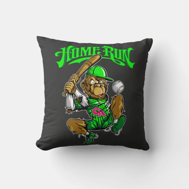 Home Run Monkey Baseball Throw Pillow (Front)