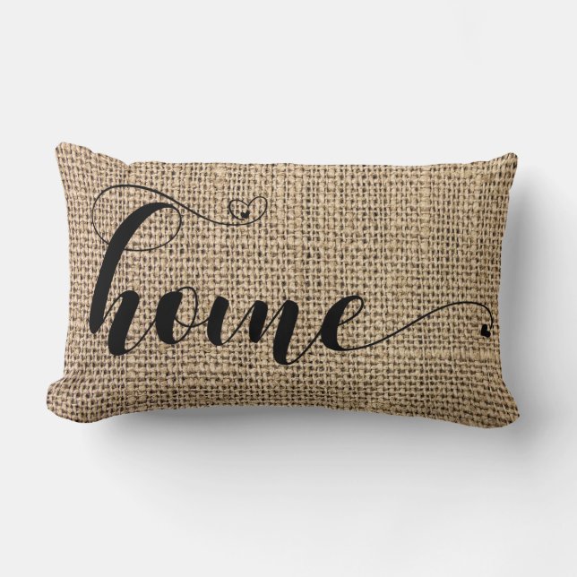 Home Rustic Burlap Country Handwritten Heart Chic Lumbar Pillow (Front)