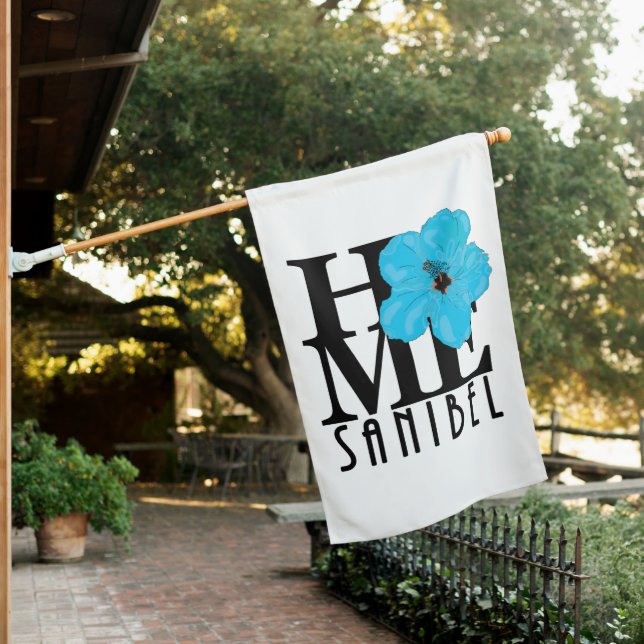 HOME Sanibel Blue Hibiscus  House Flag (In SItu)