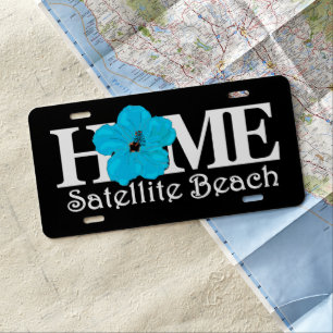 HOME Satellite Beach Blue Hibiscus (white text) License Plate