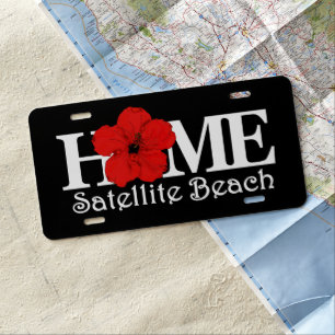 HOME Satellite Beach Red Hibiscus (white text) License Plate