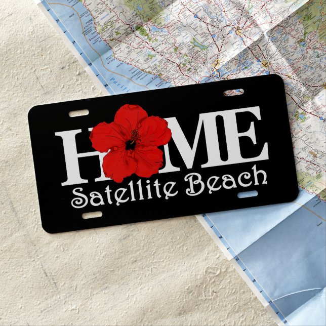 HOME Satellite Beach Red Hibiscus (white text) License Plate (In Situ)