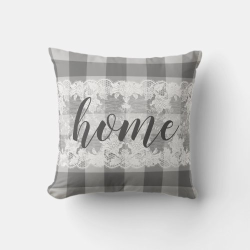 Home script gingham black white farmhouse pattern throw pillow