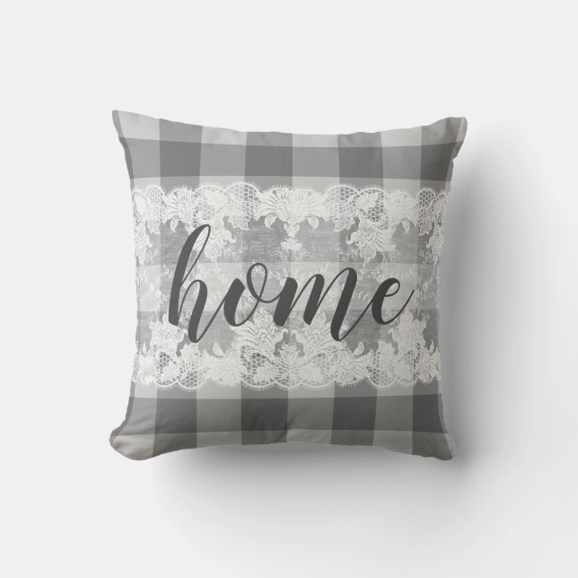 Home script gingham black white farmhouse pattern throw pillow (Front)