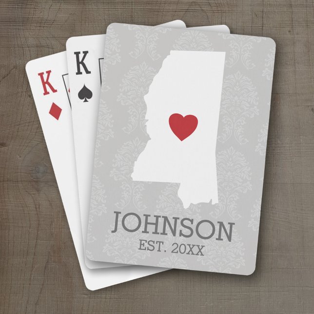 Home State Map Art Custom Name Mississippi Poker Cards (Personalized Playing Cards with a State Map, Movable Heart and Name)