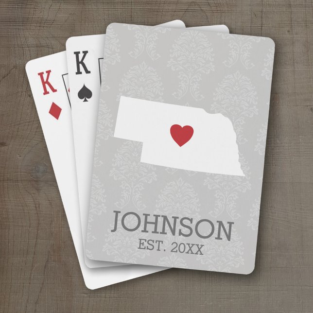 Home State Map Art - Custom Name Nebraska Poker Cards (Personalized Playing Cards with a State Map, Movable Heart and Name)
