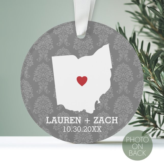 Home State Map Art - Custom Wedding Ohio Ornament (Personalized Photo Ornament with a State Design on the Front and Photo on the Back)