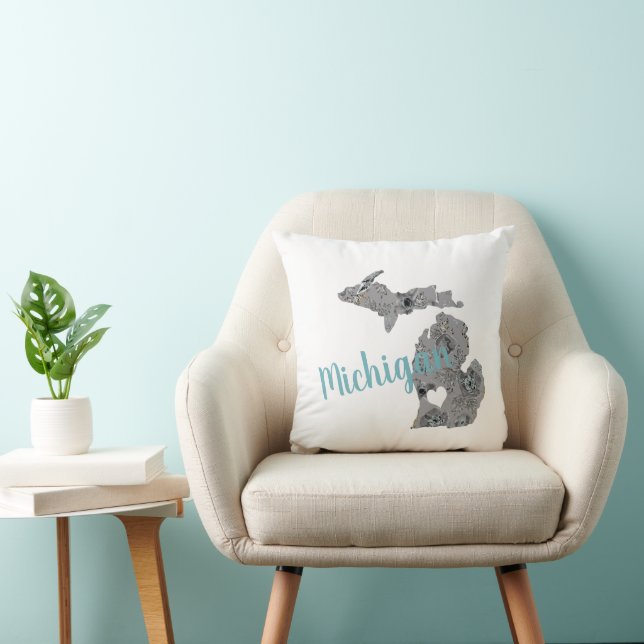Home State Michigan Floral Filled Silhouette Throw Pillow (Chair)