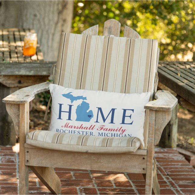 Home State of Michigan Red Blue Family Monogram Outdoor Pillow (Chair)