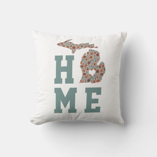 Home State Of Michigan With Poppies Floral Pattern Throw Pillow