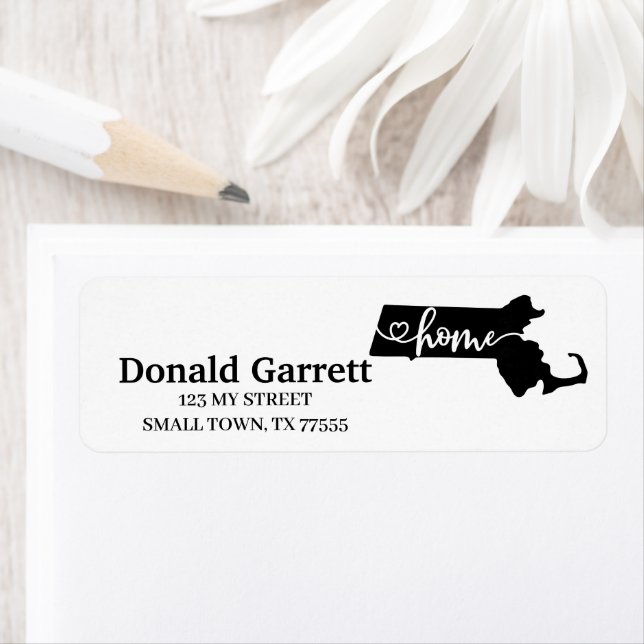 Home State Outline Heart Massachusetts Address Label (Insitu)