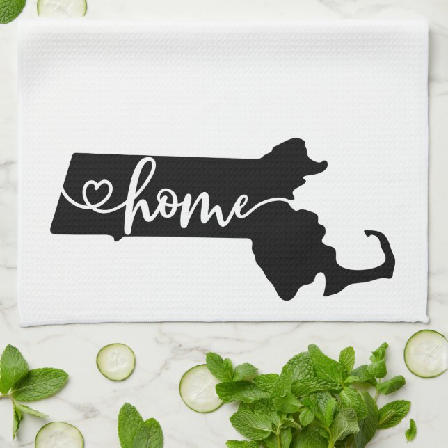 Home State Outline Heart Massachusetts Kitchen Towel (Folded)