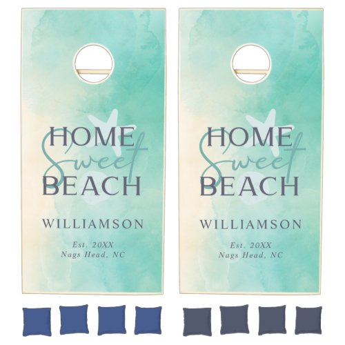 Home Sweet Beach Watercolor Starfish Rustic Family Cornhole Set