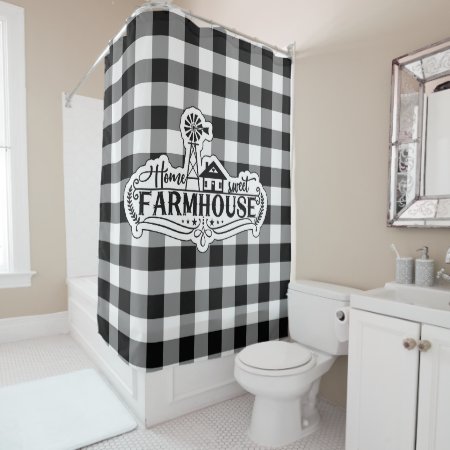 Home Sweet Farmhouse Black And White Buffalo Plaid Shower Curtain