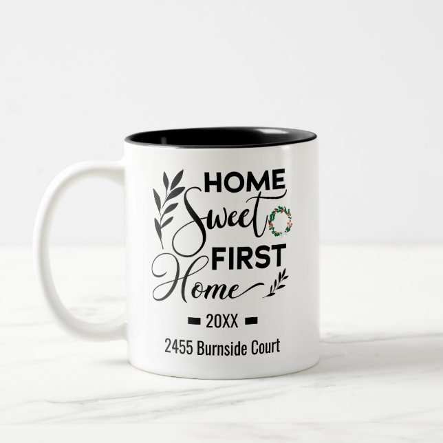 Home Sweet First Home Personalized Address Two-Tone Coffee Mug (Left)