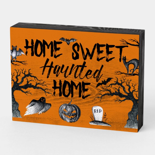 Home Sweet Haunted Home Halloween  Wooden Box Sign (Angled Horizontal)