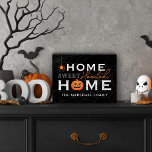 Home Sweet Haunted Home Personalized Halloween Wooden Box Sign<br><div class="desc">Welcome your guests with this spooky fun personalized Halloween tabletop decor sign. The stylish typography design features "Home Sweet Haunted Home" wording with custom text for your family name and accents of a scary jack-o-lantern pumpkin, creepy dangling spider, and spider web background. Includes a black, gray, white, and orange color...</div>