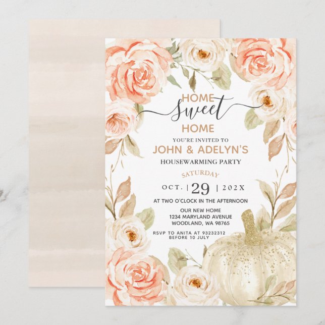 Home Sweet Home Autumn Flowers White Pumpkin  Invitation (Front/Back)