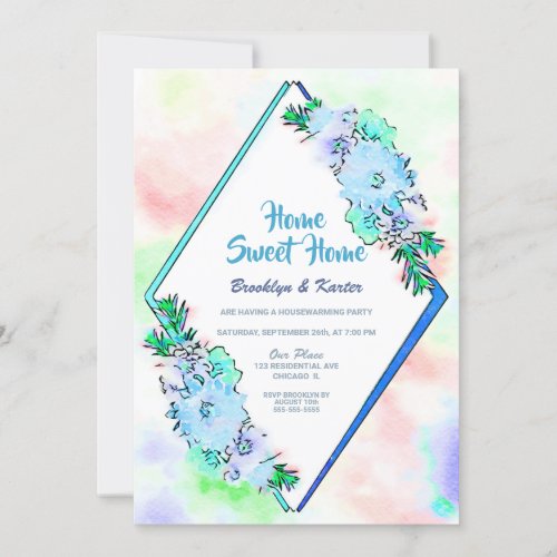 Home Sweet Home Blue Floral Housewarming Party Invitation