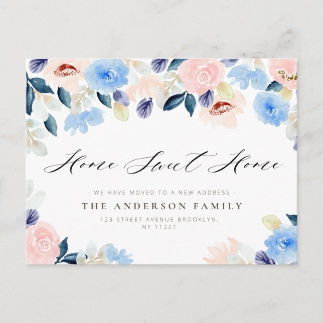 HOME SWEET HOME blue pastel floral New Home  Postcard (Front)