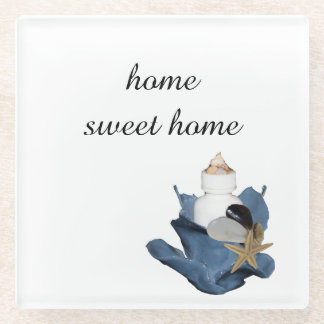 Home sweet home blue seashell bouquet coastal glass coaster