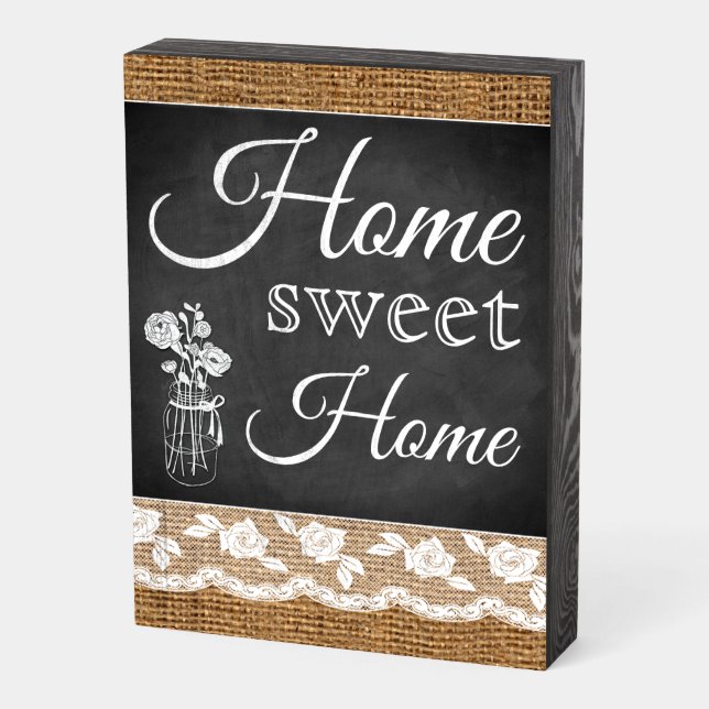 Home Sweet Home Burlap, Lace, Chalkboard Sign (Angled Vertical)