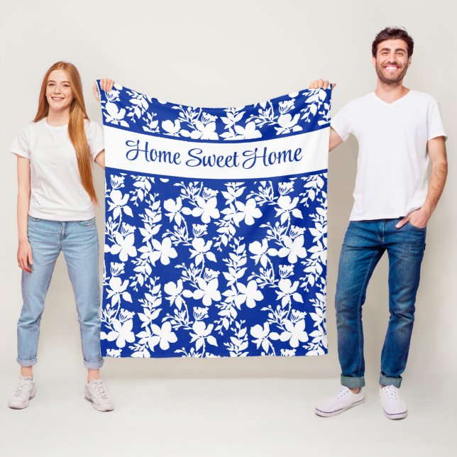 Home Sweet Home Chic Blue White Floral Pattern  Fleece Blanket (In Situ)