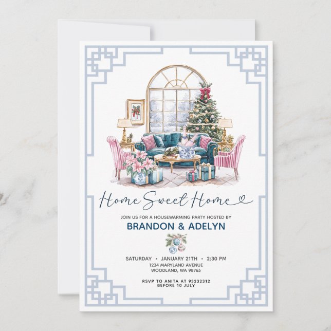 Home Sweet Home Chinoiserie Christmas Housewarming Invitation (Front)