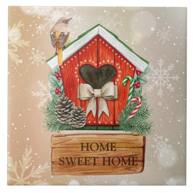 Home Sweet Home Christmas Bird House Ceramic Tile (Front)