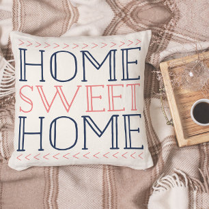 Home Sweet Home Coral and Navy Modern Typography Throw Pillow