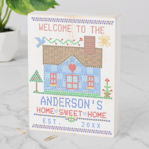 Home Sweet Home Cross Stitch Farmhouse Custom Name Wooden Box Sign