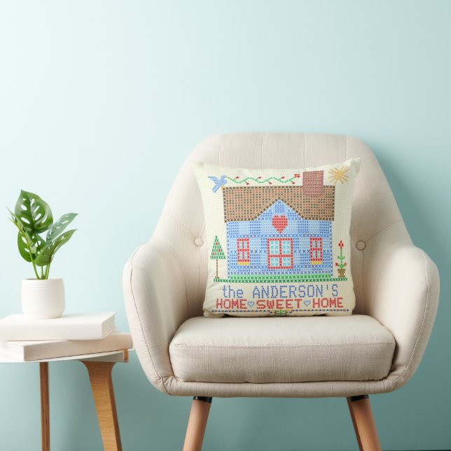 Home Sweet Home Cross Stitch House Custom Name V2 Throw Pillow (Chair)