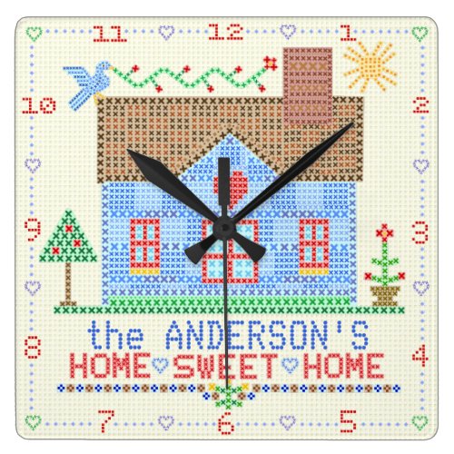 Home Sweet Home Cross Stitch House | Family Name Square Wall Clock