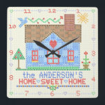 Home Sweet Home Cross Stitch House | Family Name Square Wall Clock<br><div class="desc">Decorate your wall with a personalized, country house square clock. This clock design is made to resemble a vintage cross stitch embroidery sampler. It shows a blue house made of "x"s with a bird, the sun and plenty of hearts and flowers in the same style. The background is beige with...</div>
